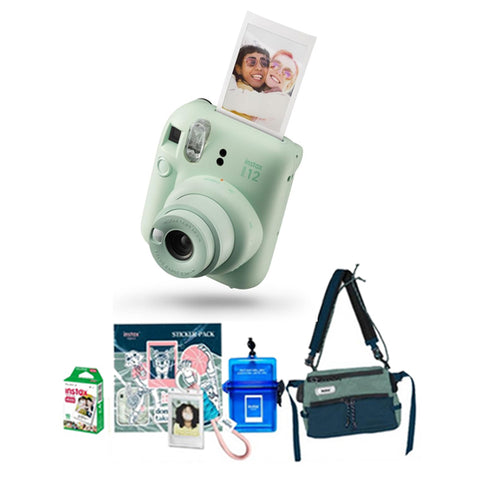 Instax MINI 12 CLUB Kit - GREEN with MINI GLOSSY + Camera Bag + FILM Case + Key Chain Photo Holder