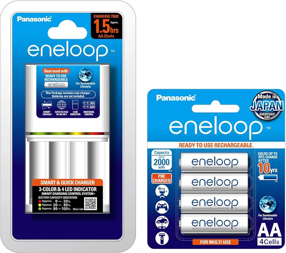 Panasonic eneloop AA Rechargeable Batteries + Quick Charger (4-Pack, 1.5hr)