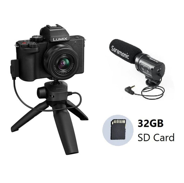 Panasonic Lumix G100 Mirrorless Camera with Lumix G Vario 12-32mm F3.5-5.6 Lens, Tripod Grip, Saramonic Microphone and 32GB SD Card (Black)